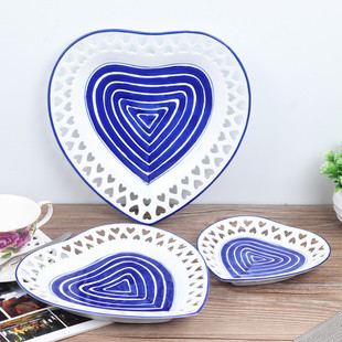 水果盘 陶瓷餐具盘子手绘图案镂空雕刻盘子 创意水果盘 心型盘 装饰盘