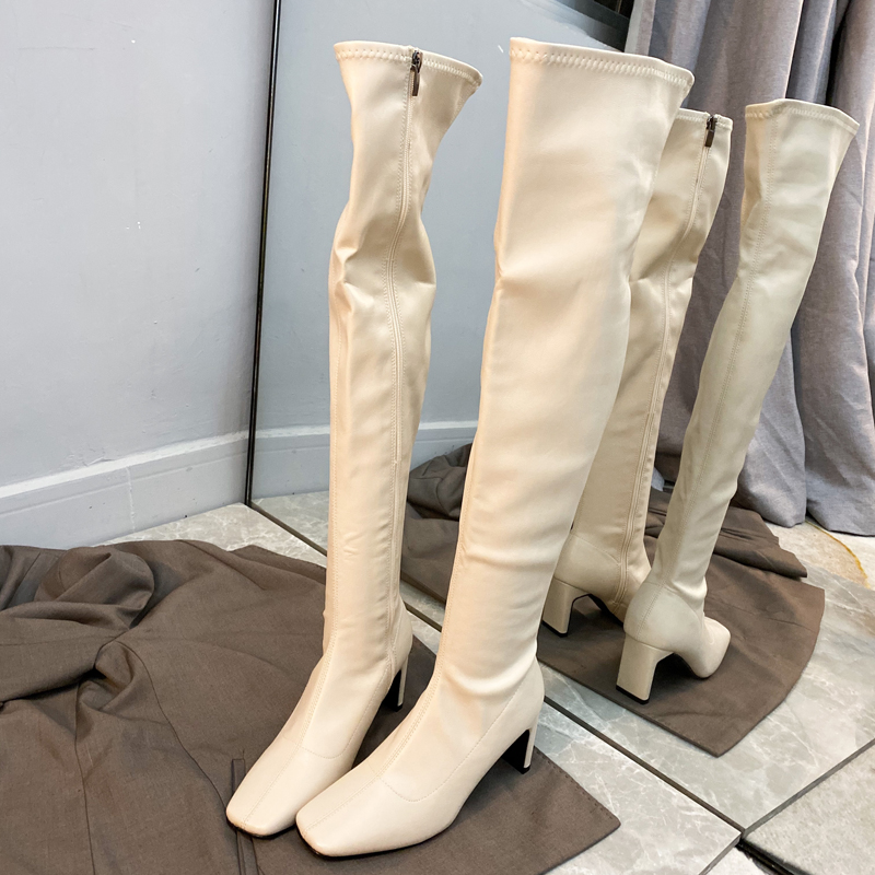 米白色长靴女过膝春秋单靴2021年新款软皮靴子女方头粗高跟瘦瘦靴