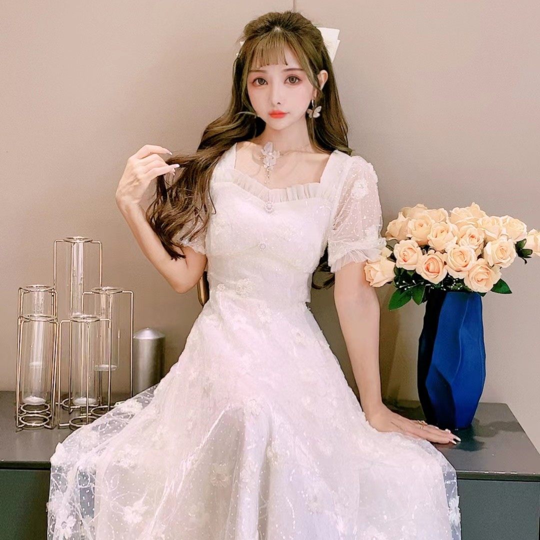 公主家8827【满天星辰】连衣裙系带修身仙女裙法式网纱裙高腰裙子