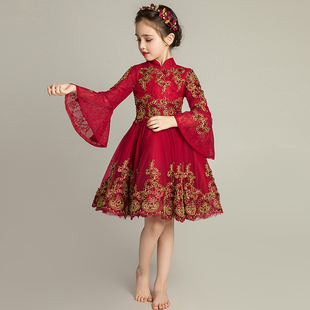 女童礼服公主裙中式儿童演出服红色花童婚纱长袖主持人晚礼服秋冬