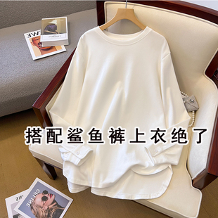 白色纯棉长袖T恤女2024春季新款设计感宽松中长款上衣内搭打底衫