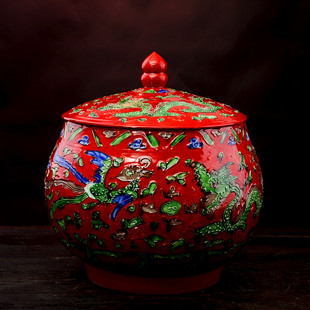 花瓶陶瓷摆件 手工雕刻龙凤红色盖罐茶叶罐 景德镇新婚庆装饰礼品