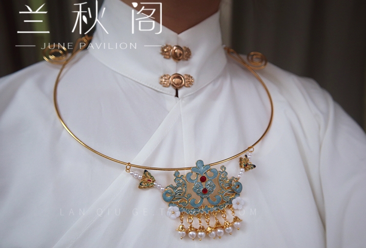 文青明制璎珞项圈古风烧蓝珍珠缨络女创意汉服配饰项链兰秋阁合金