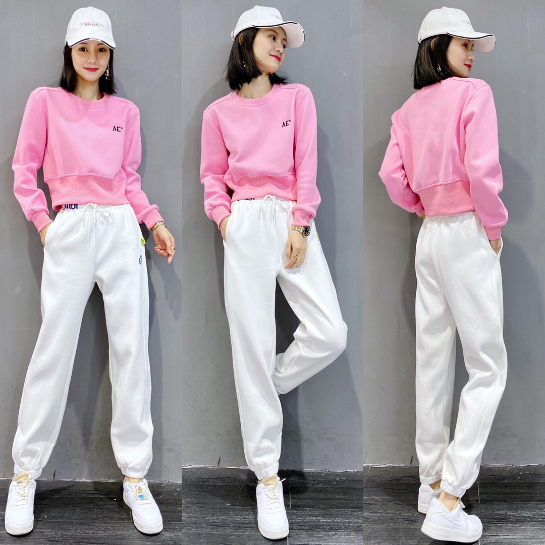 欧货休闲加厚加绒套装女秋季新款卫衣白色束脚运动卫裤两件套女冬
