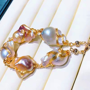 豪华手作进口14k注金绕线丝天然异形巴洛克大珍珠项链手链欧美强