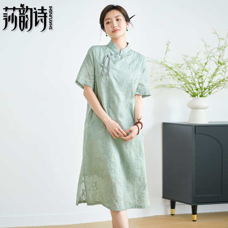 纯苎麻刺绣连衣裙夏季文艺复古禅意茶服宽松立领盘扣短袖改良旗袍