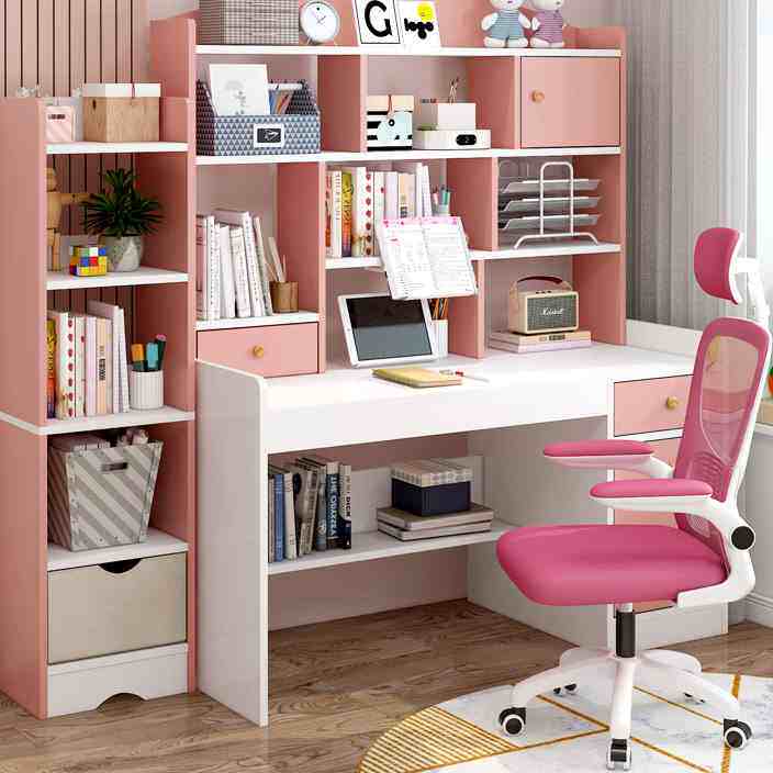 儿童书桌书架书柜一体桌整墙小学生写字桌子学习桌女孩卧室电脑桌