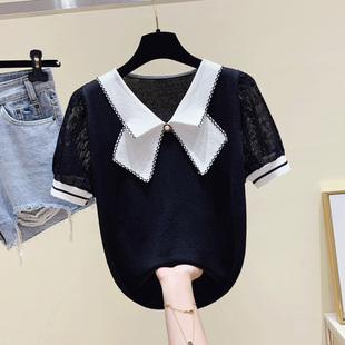 黑色冰丝短袖t恤女夏季薄款2024新款韩版时尚洋气娃娃领针织上衣