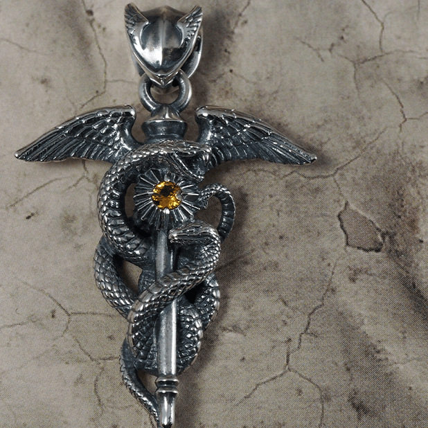 两条蛇复古做旧赫尔墨斯商神权杖吊坠轻奢商人的保护神众神之使者