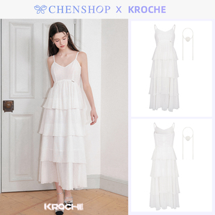 kroche白色玫瑰系带蓬蓬软软吊带蛋糕裙连衣裙CHENSHOP设计师品牌
