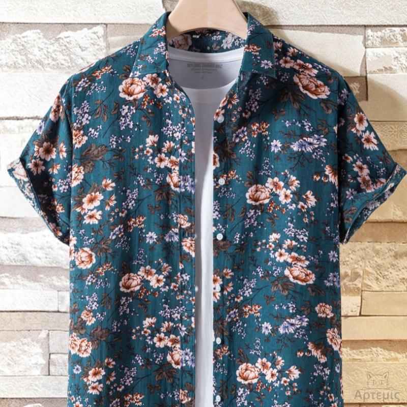 薄款棉麻衬衣男式沙滩短袖花衬衫Mens casual beach flower shirt