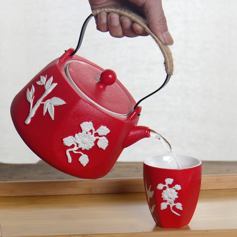 提梁茶壶家用粗陶水壶茶具套装简约手绘梅兰竹菊功夫大号茶杯整套