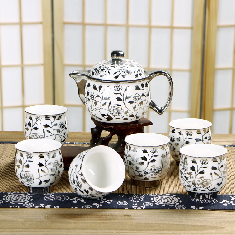 复古  镀金陶瓷茶具套装家用整套功夫茶杯茶壶青花瓷牡丹花双层杯