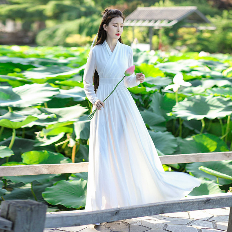 春秋新款古风日常交领汉元素白色雪纺飘逸仙女长裙连衣裙长袖女装
