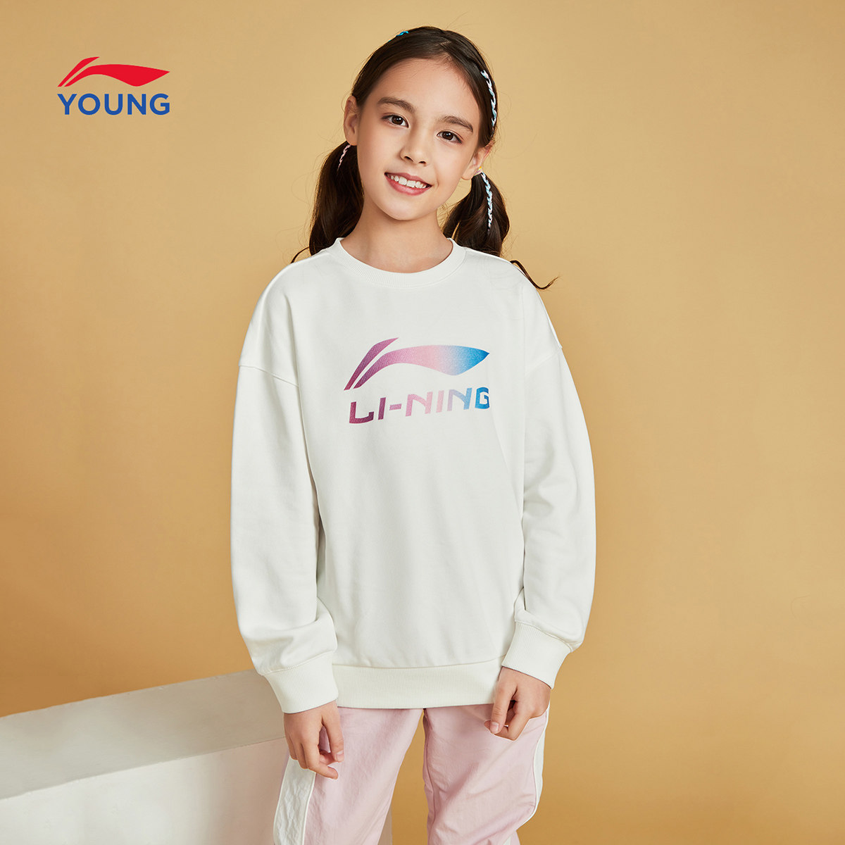 李宁童装卫衣女小大童运动生活系列套头长袖圆领女装春季运动服