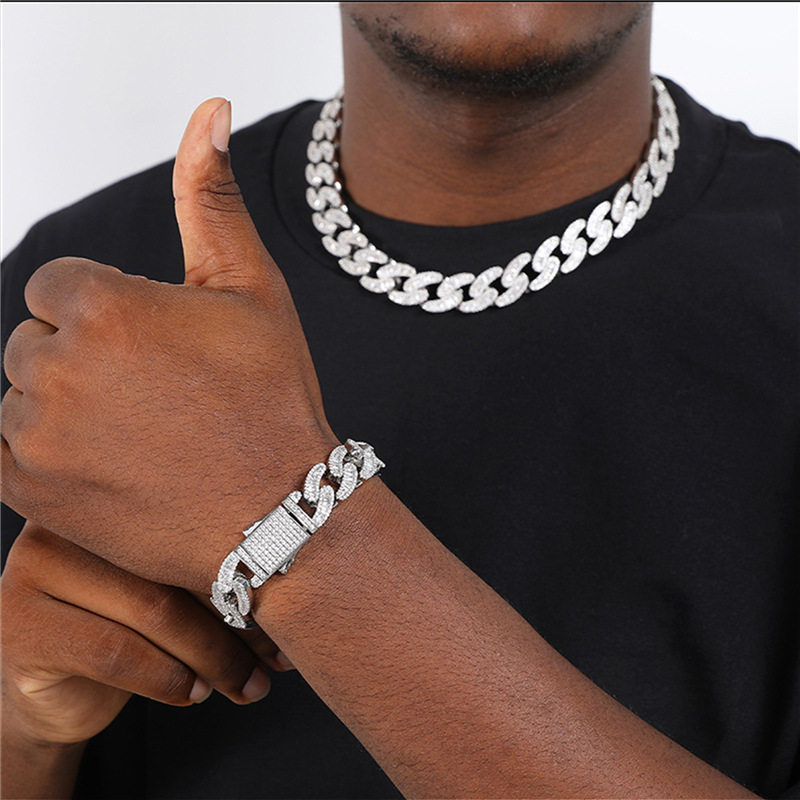 欧美15mm宽弹簧扣古巴链颈链镶锆石嘻哈男女满钻项链饰品