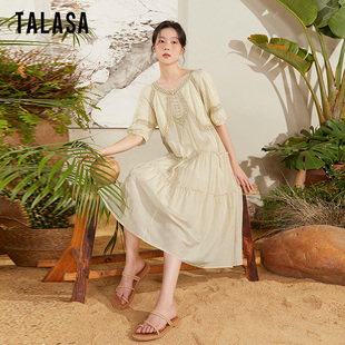 TALASA丝棉连衣裙2024年夏新款法式复古设计拼接假两件宽松优雅