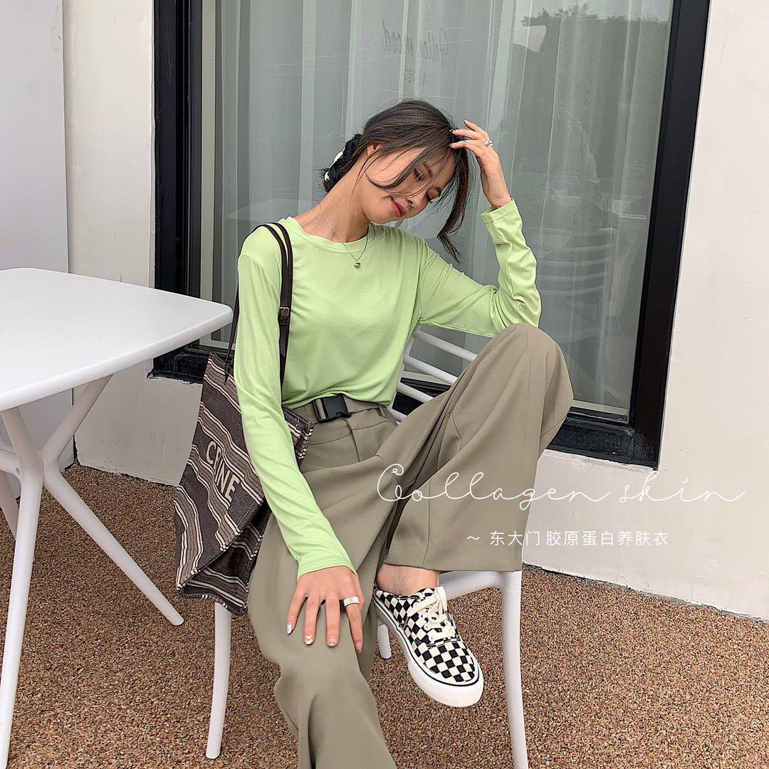 东大门胶原蛋白养肤衣春秋女装长袖t恤女白色打底衫早秋内搭上衣