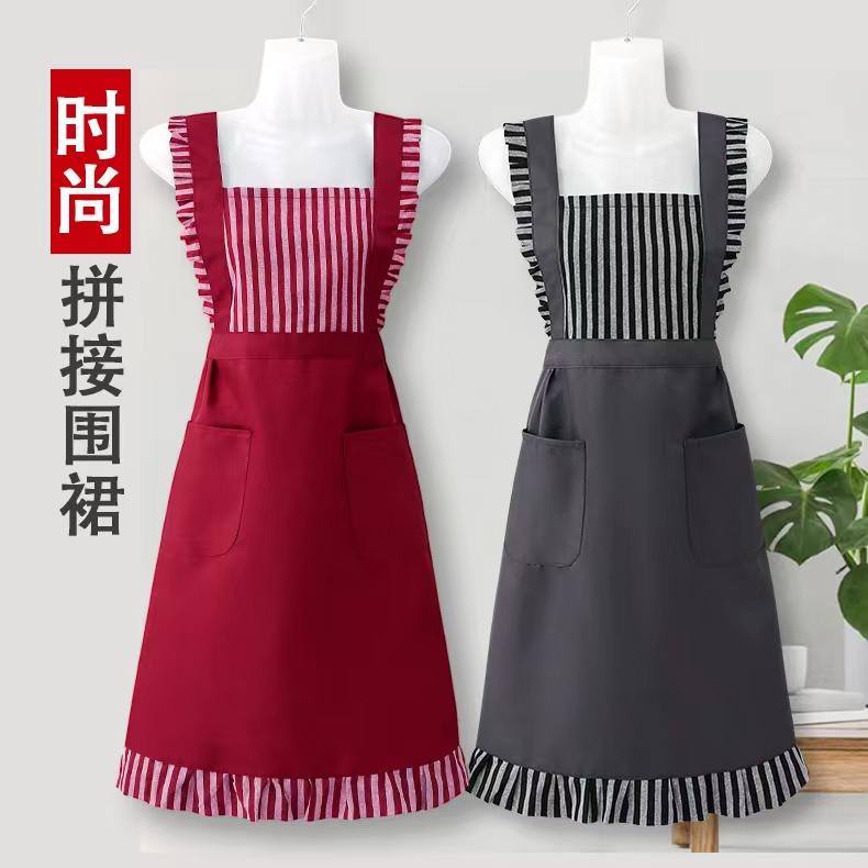 韩版纯棉花边家用围裙厨房做饭女时尚无袖大人围腰透气防污工作服