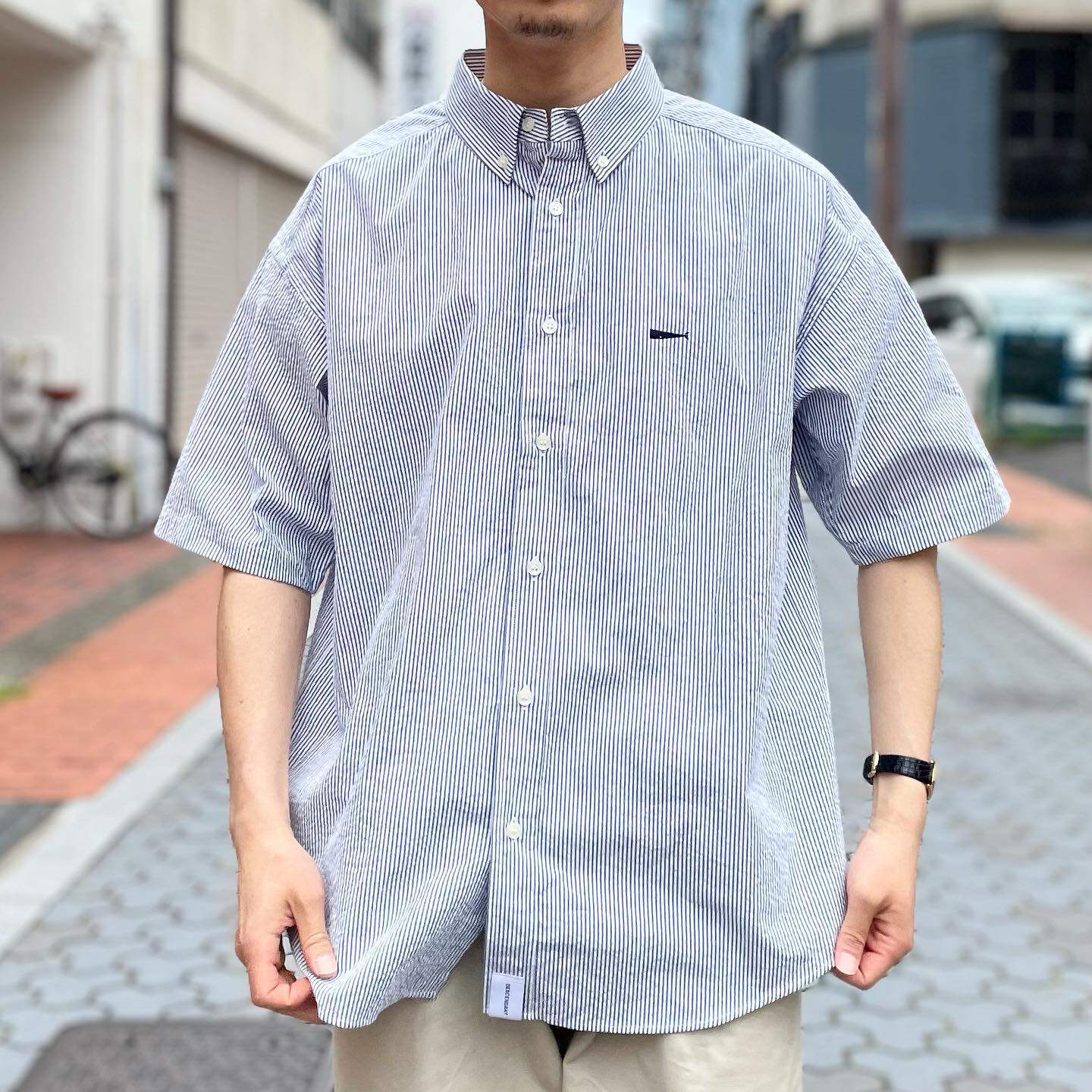 鲸鱼不放假descendant slaters泡泡棉休闲衬衫条纹衬衣余文乐日系