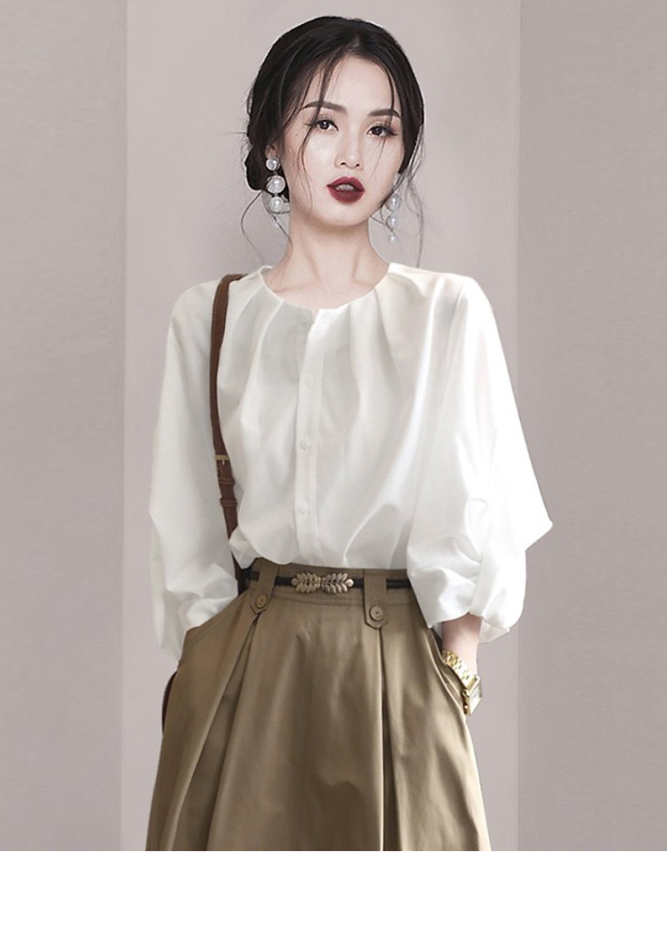 白色衬衫女2023秋季新款韩版简约宽松设计感灯笼袖衬衣