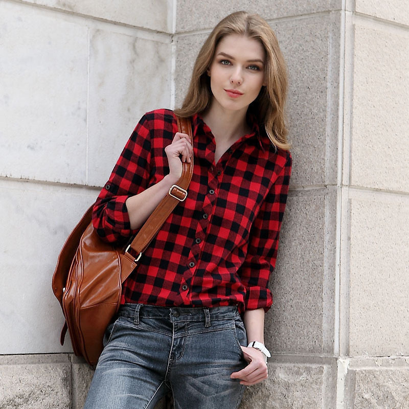 红黑格子长袖衬衫女