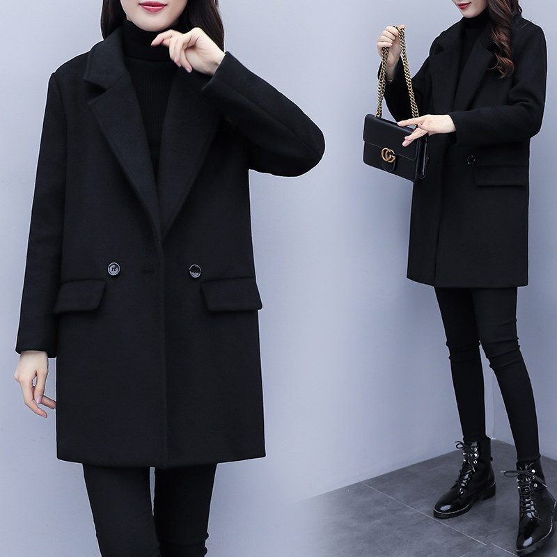 秋冬季毛呢外套女中长款韩版新款休闲修身显瘦小个子黑色妮子大衣