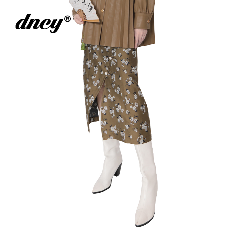 DNCY商场同款冬季国风复古印花a字裙设计感秋冬加厚半身中长裙