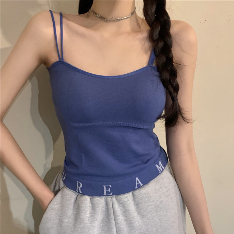 春夏字母双肩带防走光吊带小背心女修身显瘦带胸垫裹胸内衣女短款