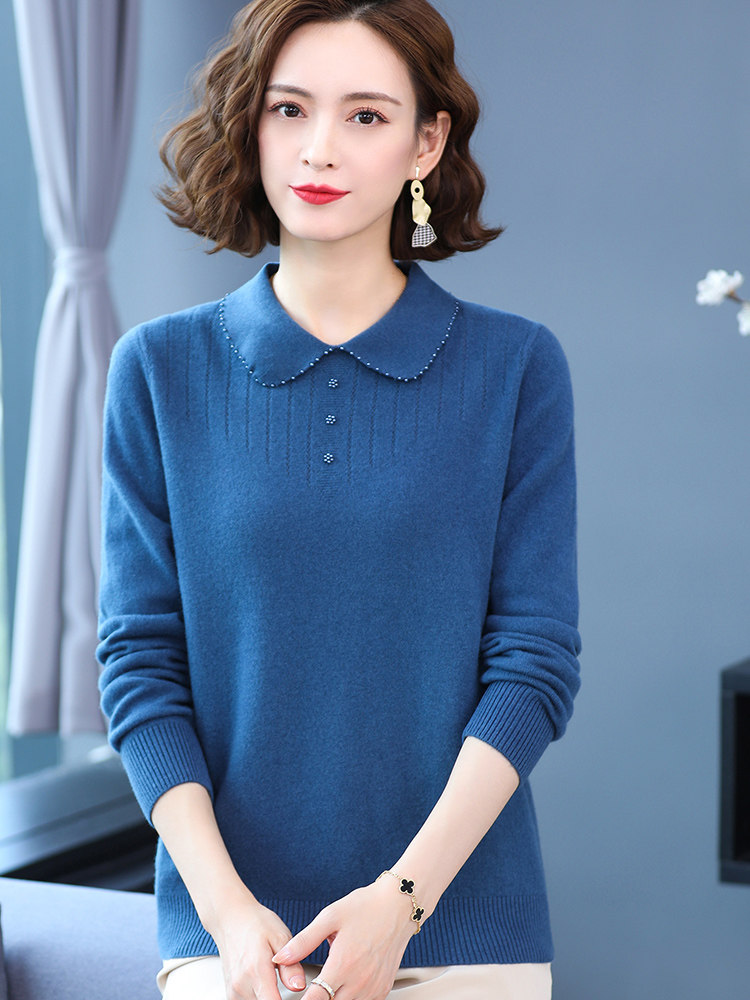 100纯羊毛衫女中年妈妈装秋冬娃娃领毛衣宽松大码针织打底羊绒衫