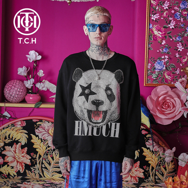 tch轻奢潮牌星星字母熊猫烫钻黑色卫衣t66a116130