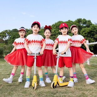 运动风班服中小学生运动短裤纯棉三件套演出服衬衣拍照红色长袖