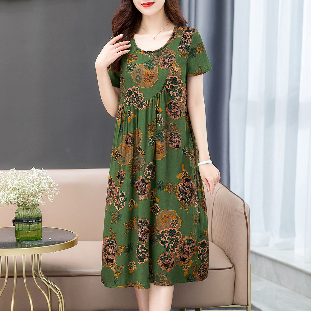 棉绸连衣裙2022中老年女夏装新款大码胖妈妈碎花宽松中长家居裙子