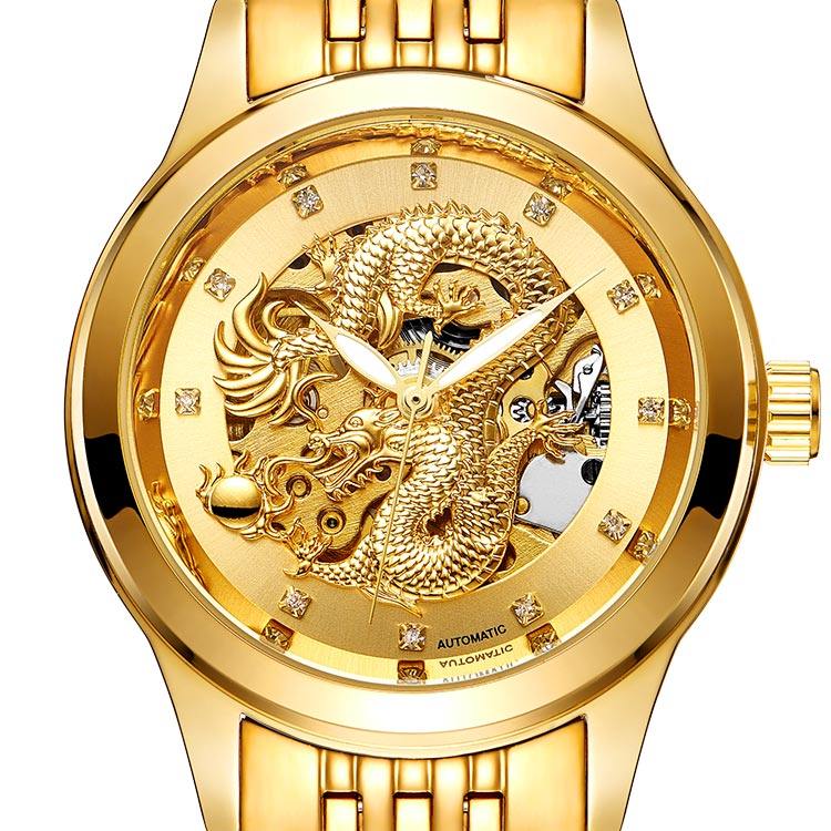 专柜正品october男士金色全自动机械防水中华龙钢带腕表一秒商城_不