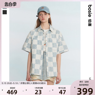 【小王子】bosie夏季新款短袖衬衫男情侣牛仔水洗棋盘格衬衣外套