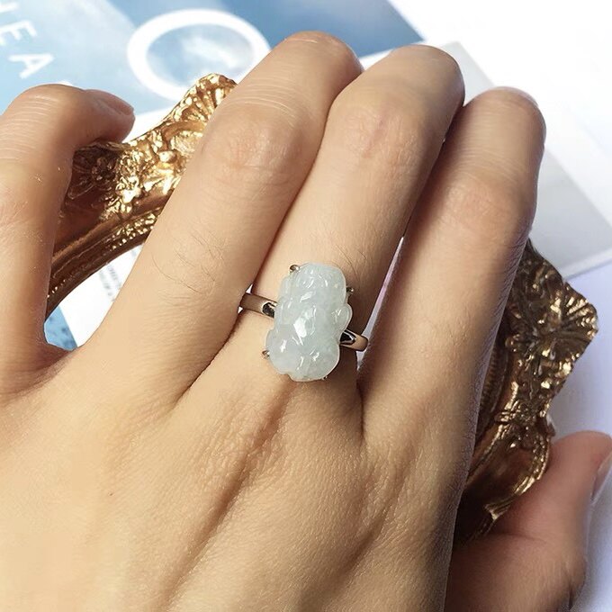 天然翡翠貔貅戒指女款925纯银镶嵌玉石皮丘戒指招财指环可调节