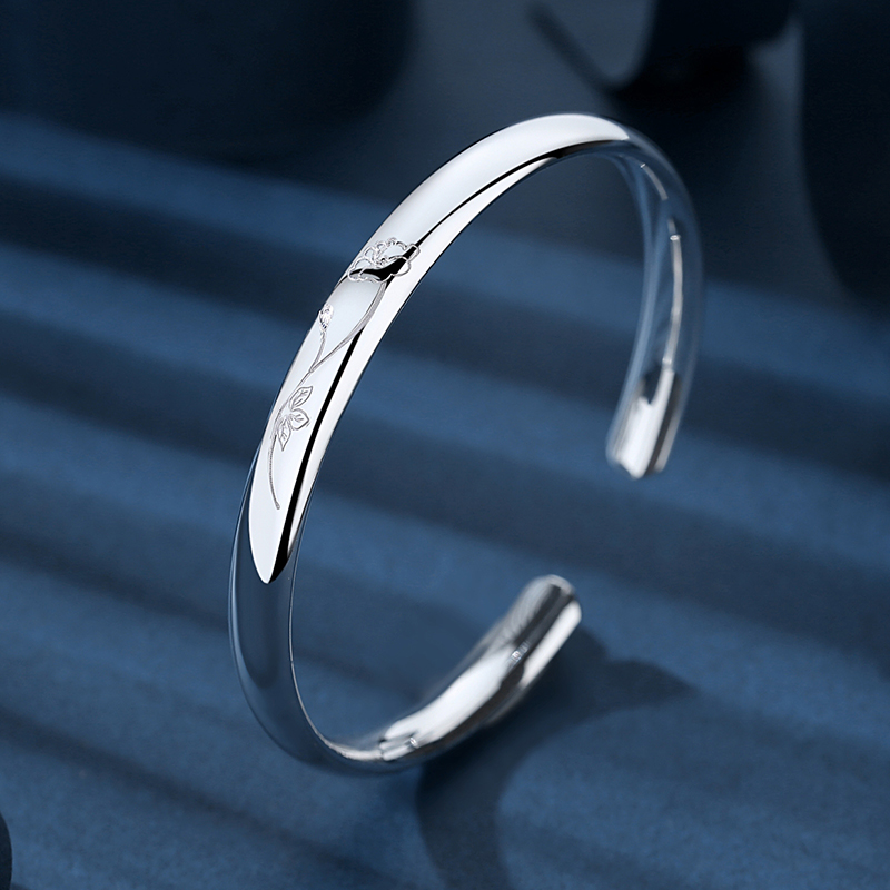 康乃馨亮面手镯女纯银年轻款开口可调节时尚镯子母亲送妈妈贵妃镯