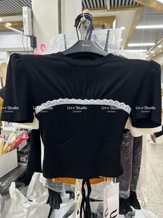 韩版2024夏季新款短袖T恤女圆领修身显瘦拼接设计系带短款上衣女