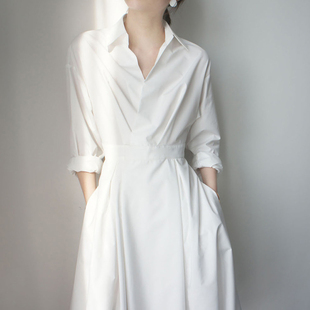 AMT 2023年新款法式冷淡风高级感衬衫长裙气收腰质白色连衣裙女装