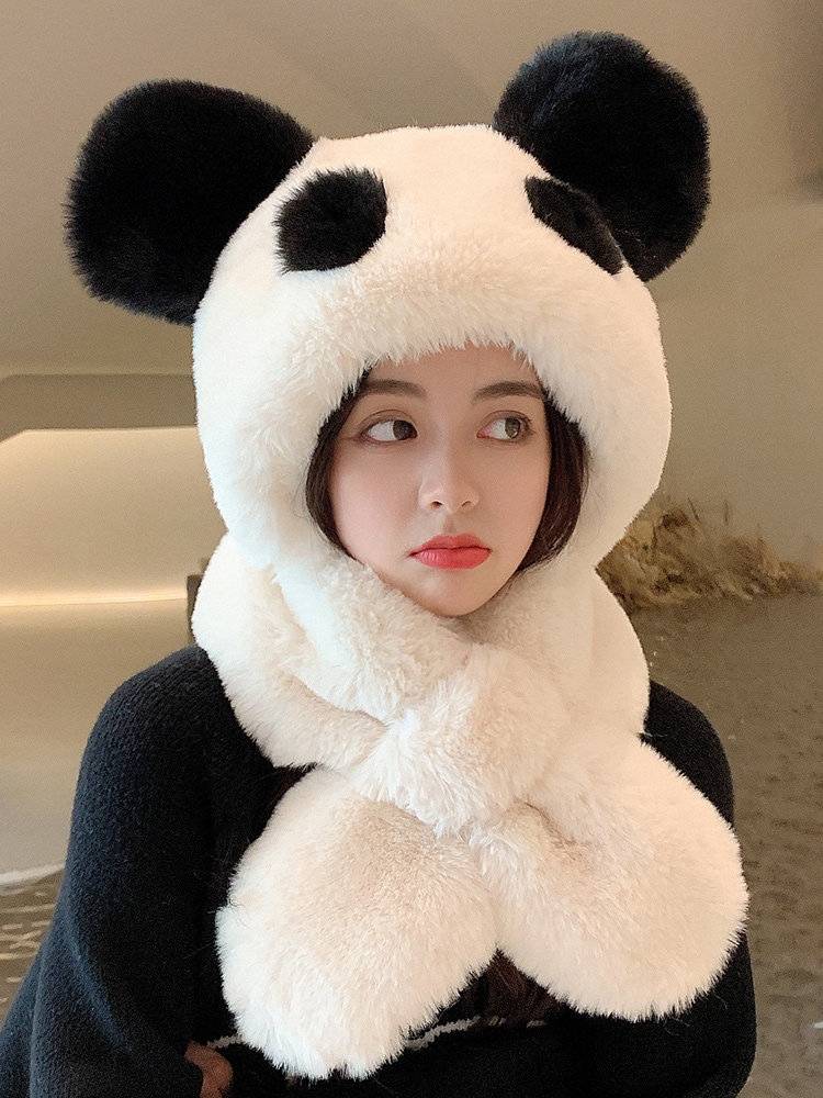 网红熊猫帽子围巾一体女秋冬季可爱护耳毛绒围脖两件套雷锋帽冬天