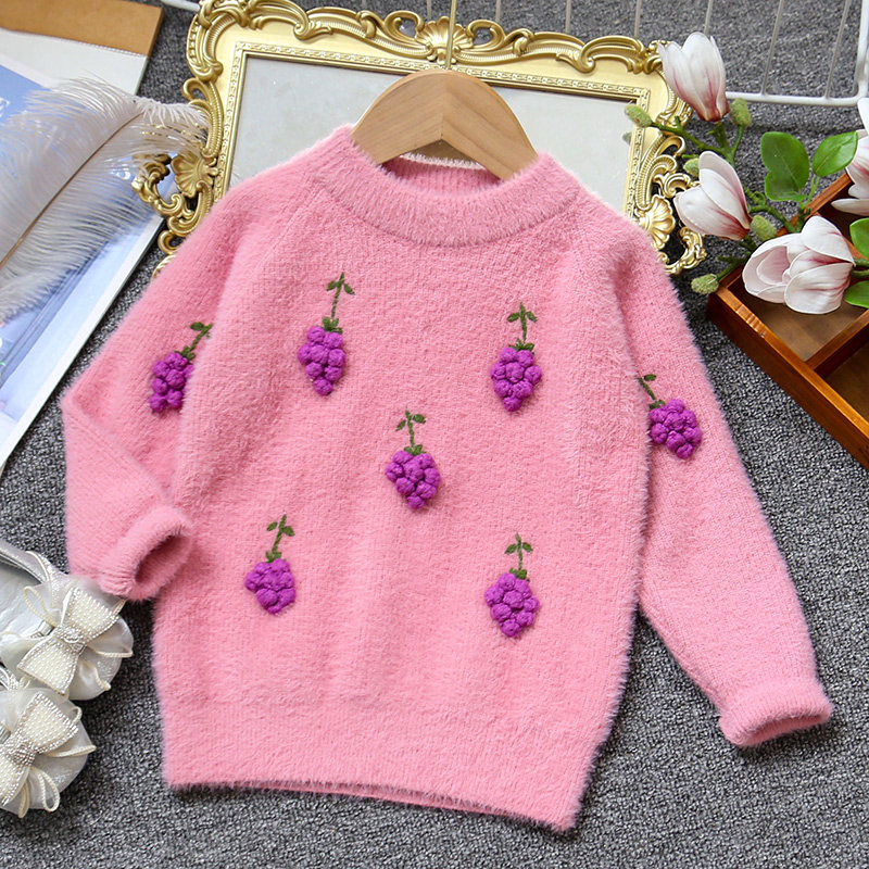 冬款女童水貂绒毛衣网红手工编织葡萄针织衫套头加厚小童新年衣服