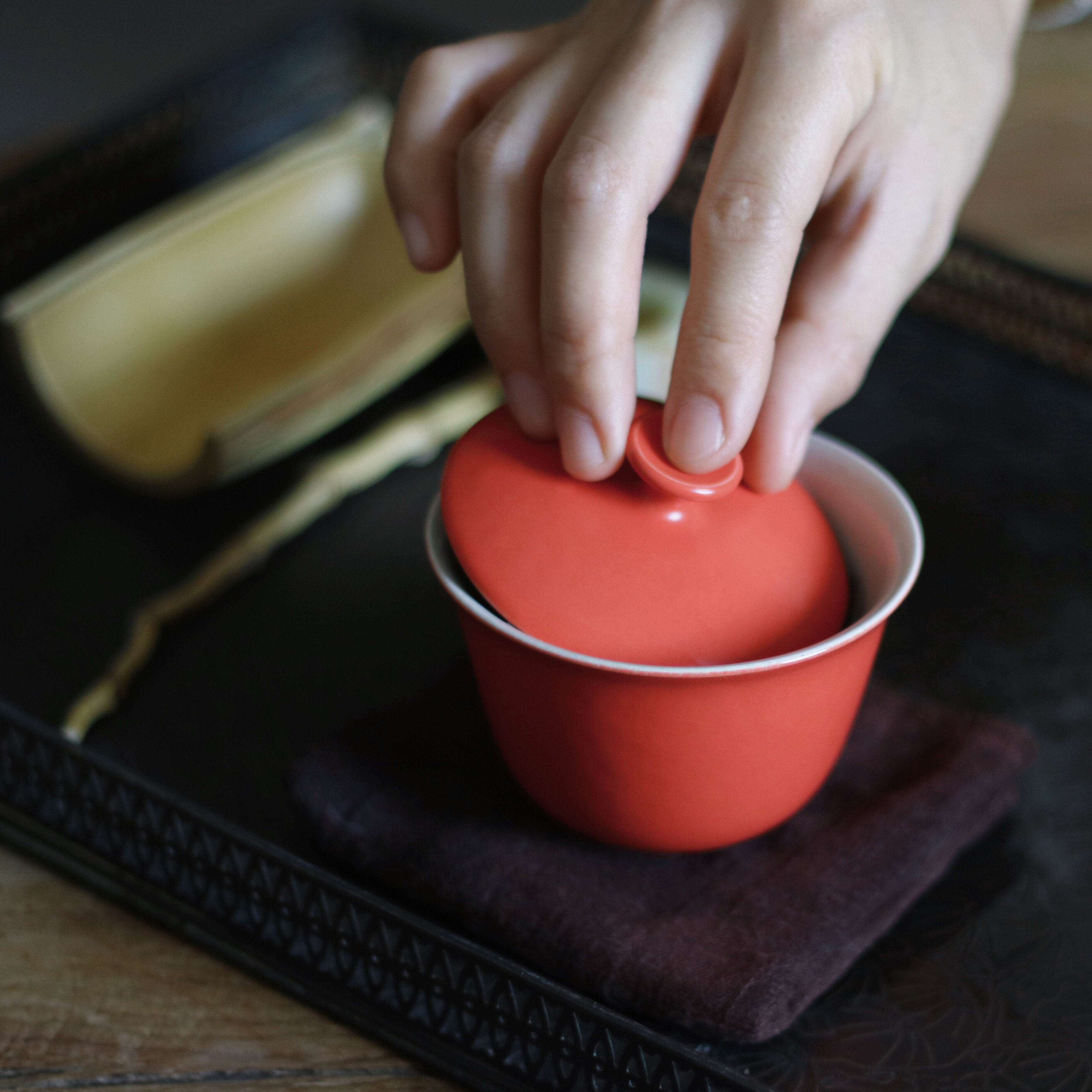 漫生慢活柿红釉老祭兰陶艺小泡茶盖碗日式粉引亚光一人饮雅玩