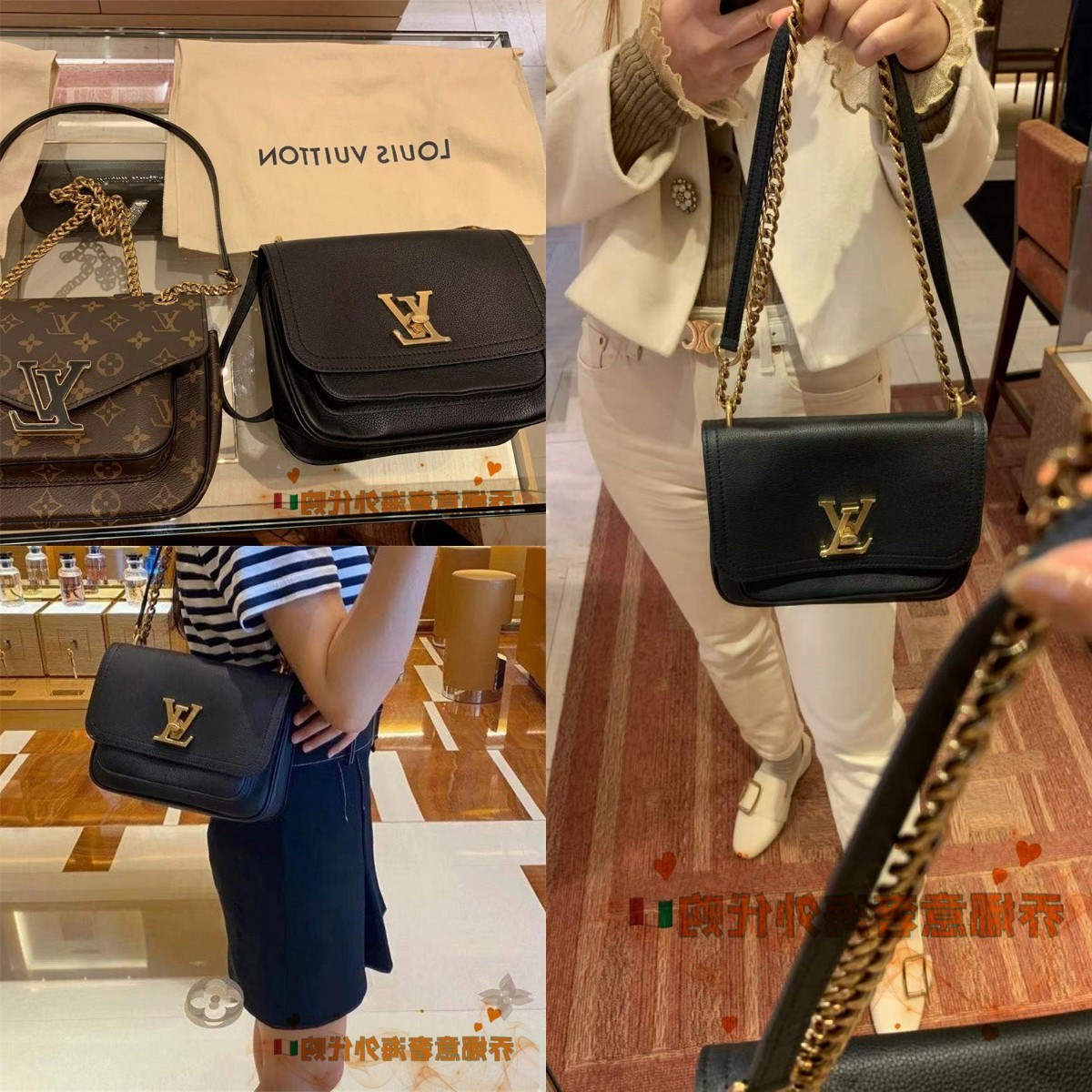 lv新款女士lockmechain牛皮粒面小号邮差包单肩斜挎手提链条女包