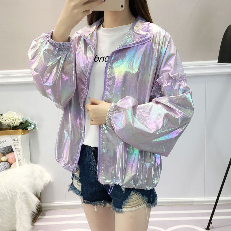 镭射亮面银色外套女防晒衣服韩版宽松超火cec薄夏潮网红ins棒球服