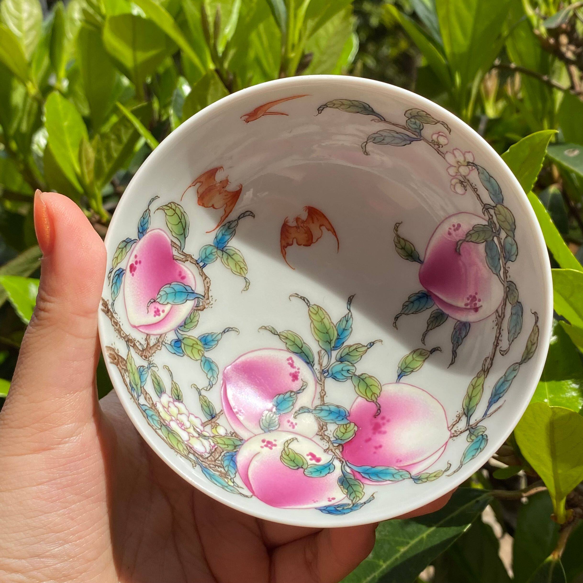 艺林堂同款 嘉德御窑 手绘粉彩 五桃 卧足杯高端收藏 诗文茶器