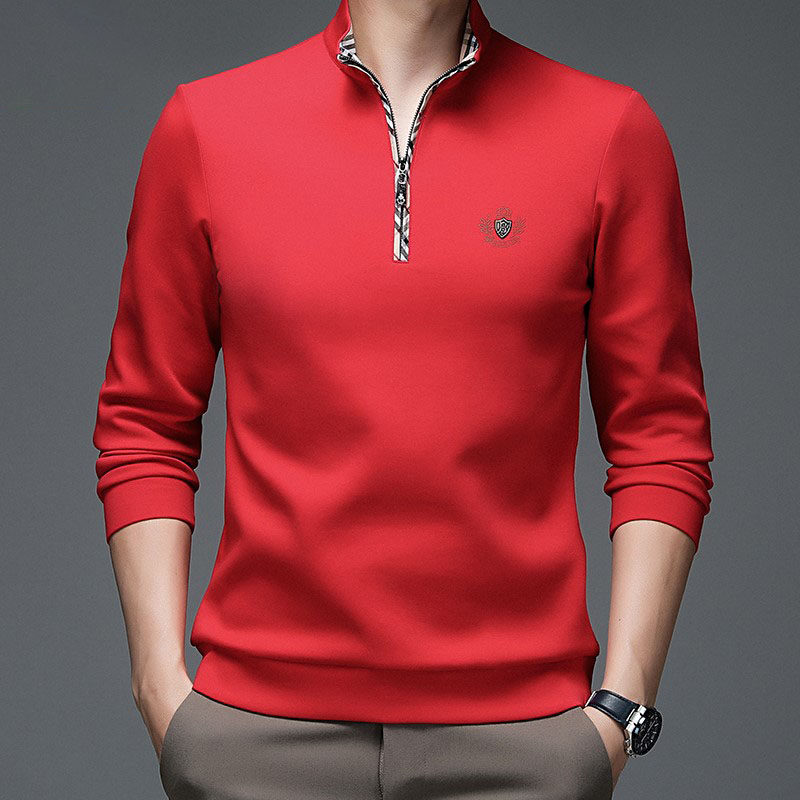 秋季新款立领长袖t恤男休闲百搭红色体恤衫薄款春秋修身潮流上衣