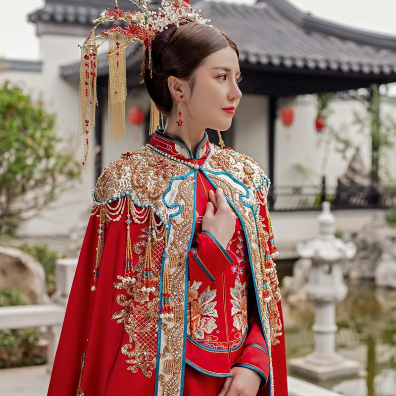 帛闻秀禾服中式新娘服大拖尾结婚披风嫁衣婚服斗篷婚礼凤冠霞披