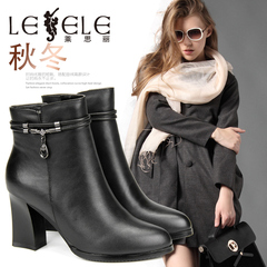 LESELE/莱思丽新款冬牛皮女鞋 圆头粗跟时尚靴高跟拉链短靴LD8340