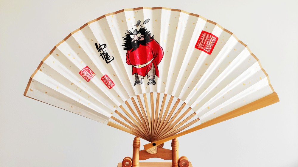 手绘折扇单面人物卡通钟馗个性礼物八寸竹制中国风扇子乾隆御览印