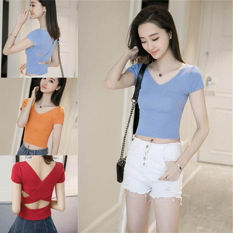夏季韩版针织上衣女短款后背交叉百搭高腰紧身性感露脐t恤